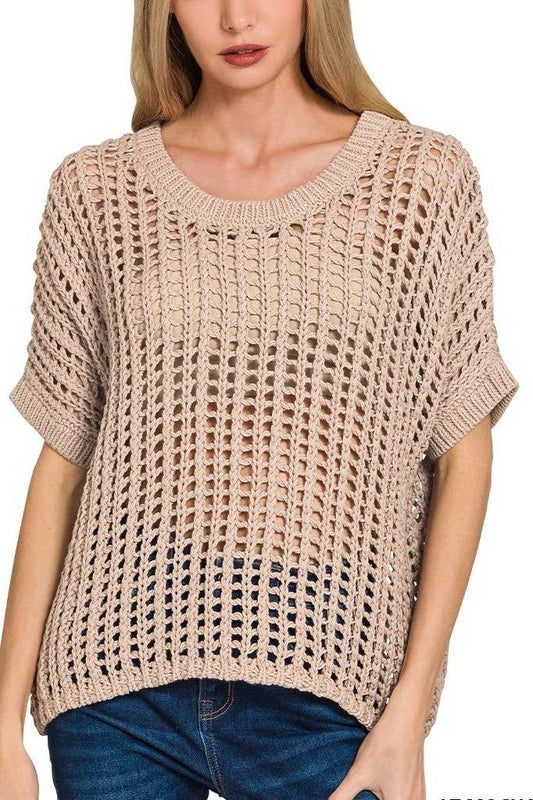 Fish Net Short Sleeve Crochet Sweater