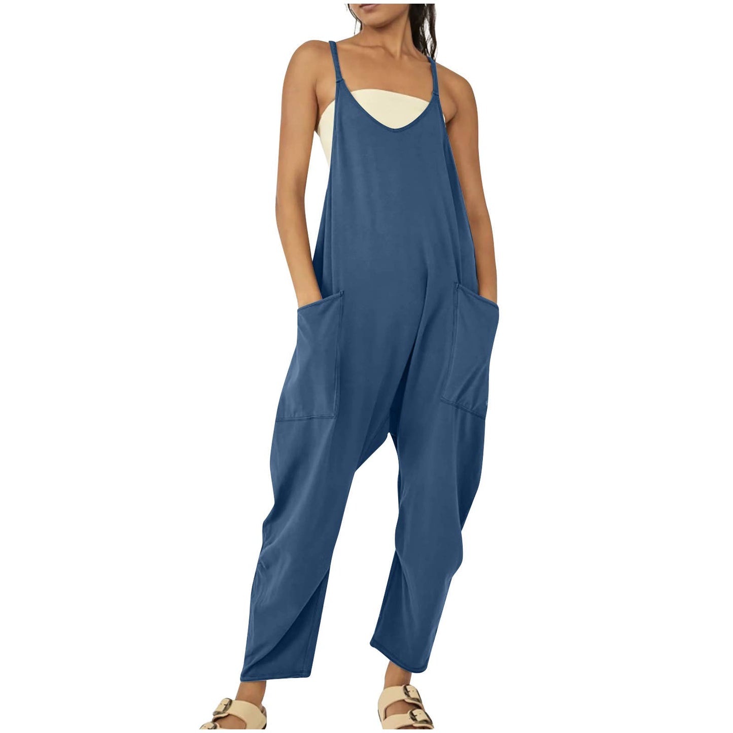 Solid Color Suspender Jumpsuit with Pockets