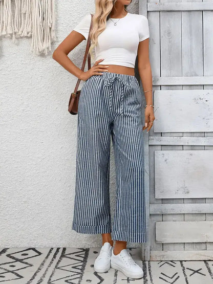 Striped Wide Leg Pants Women Drawstring Casual Pants