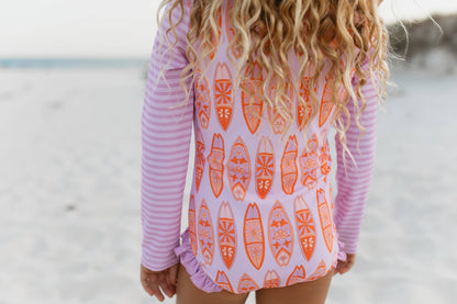 Lavender Aloha Surfboard Zip Rash Guard One Piece Swimsuit