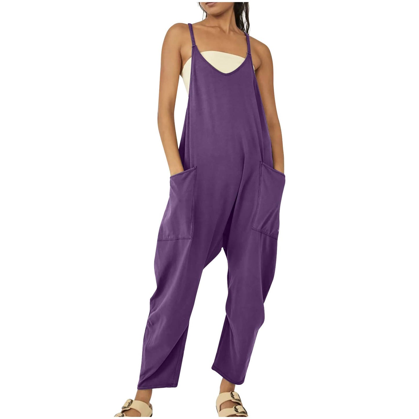 Solid Color Suspender Jumpsuit with Pockets