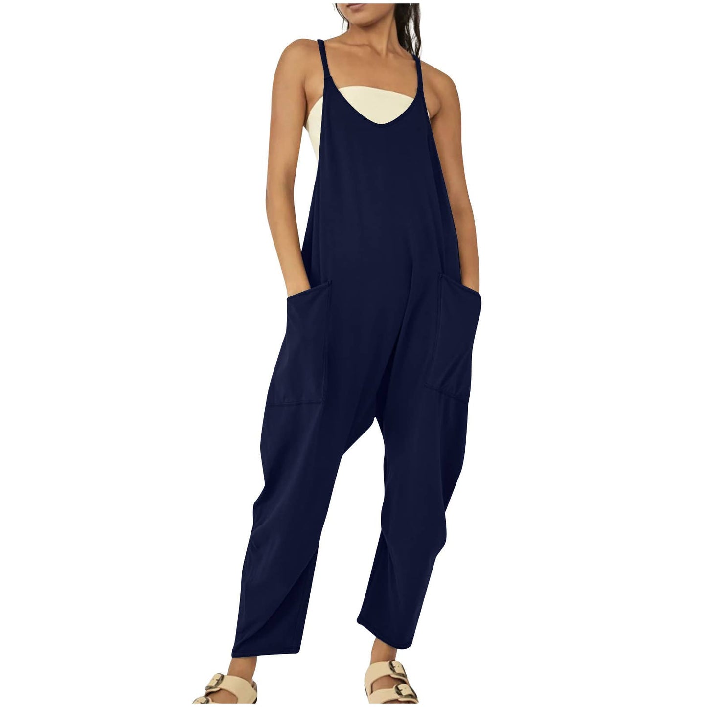 Solid Color Suspender Jumpsuit with Pockets