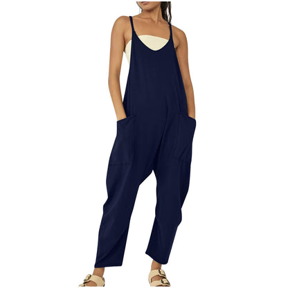 Solid Color Suspender Jumpsuit with Pockets