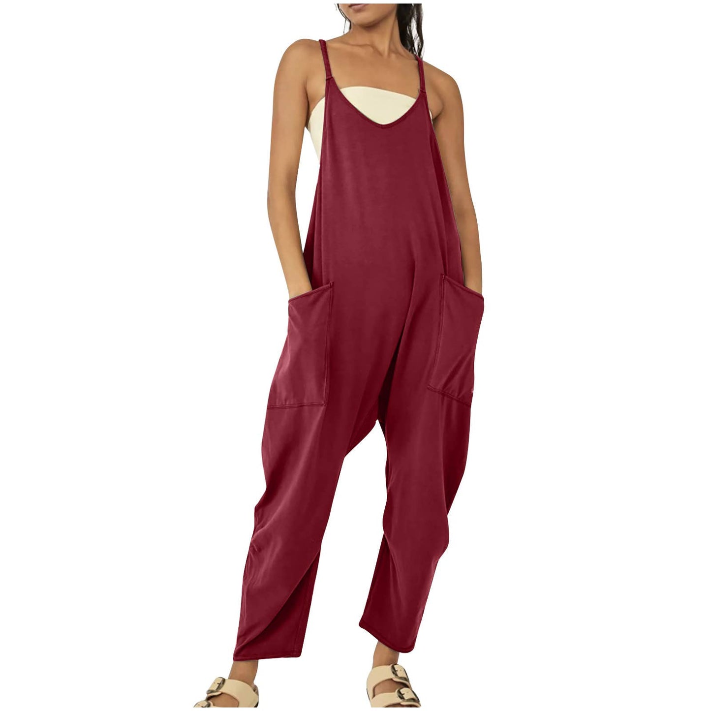 Solid Color Suspender Jumpsuit with Pockets