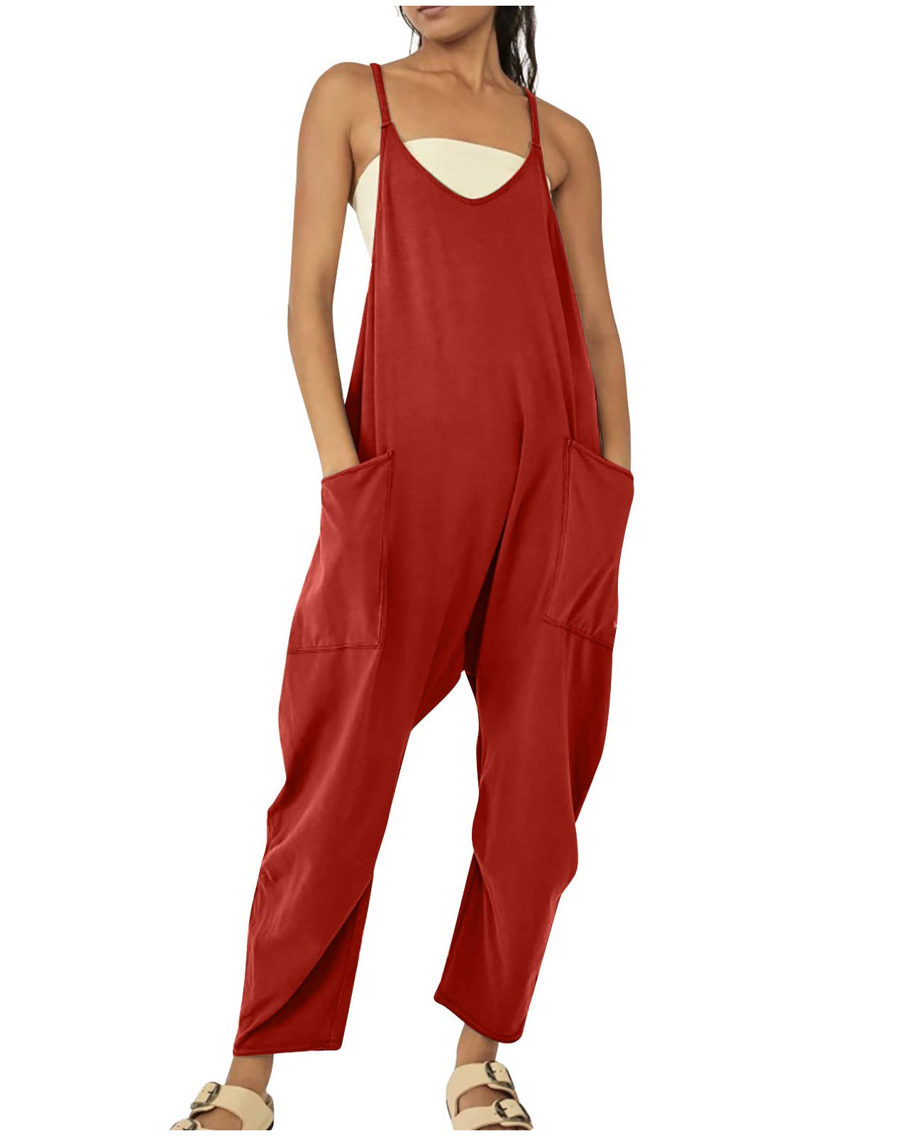 Solid Color Suspender Jumpsuit with Pockets