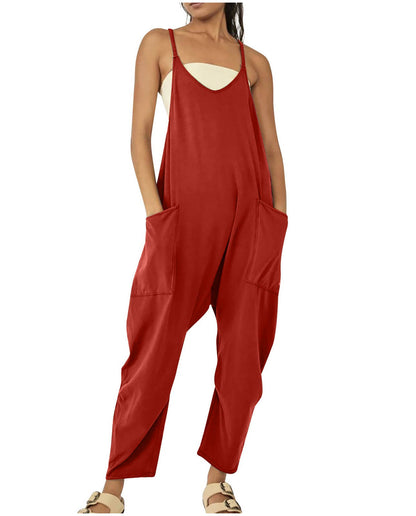 Solid Color Suspender Jumpsuit with Pockets
