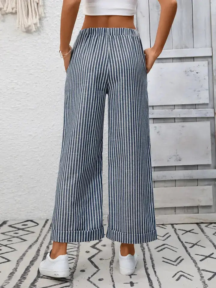 Striped Wide Leg Pants Women Drawstring Casual Pants