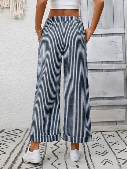 Striped Wide Leg Pants Women Drawstring Casual Pants