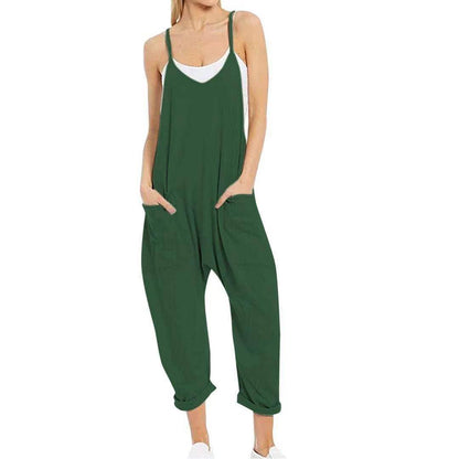 Solid Color Suspender Jumpsuit with Pockets
