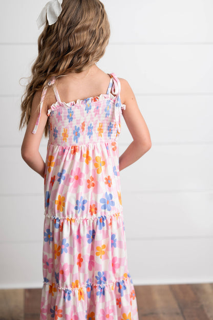 Girls Pink Retro Daisy Tiered Summer Maxi Dress