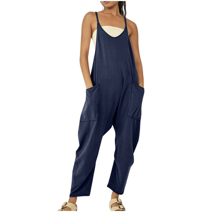Solid Color Suspender Jumpsuit with Pockets