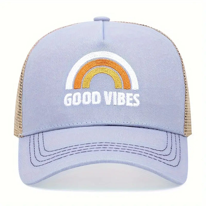 GOOD VIBES Rainbow Baseball Cap Trendy Embroidery Mesh Breathable Trucker Hats