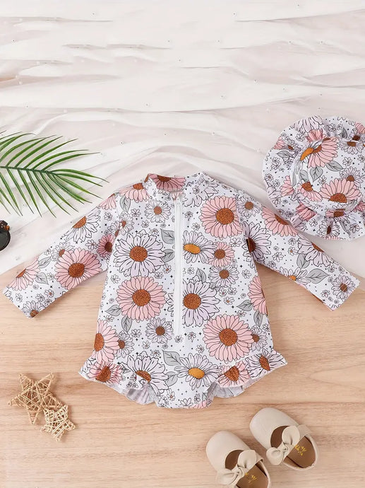 2PCS BABY GIRLS FLORAL LONG SLEEVE ONE PIECE SWIMSUIT & HAT