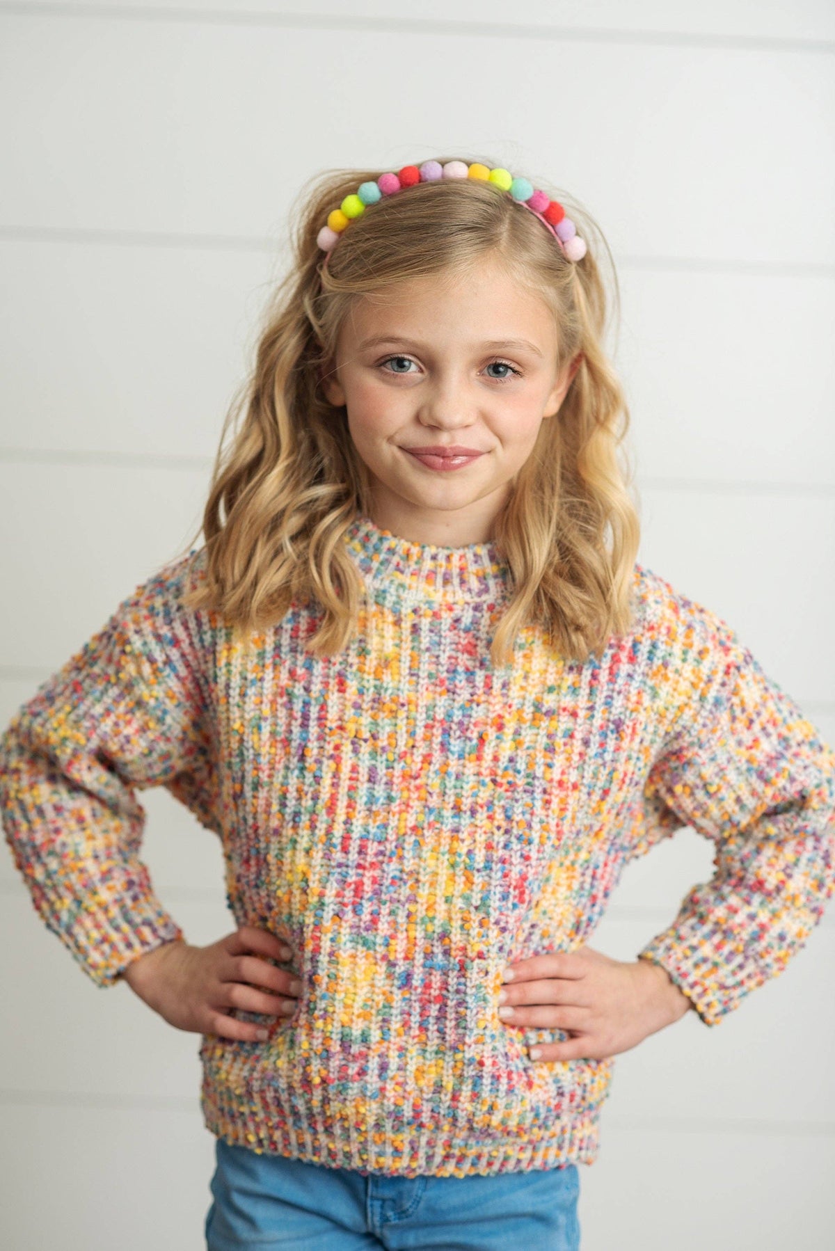 Kids Rainbow Confetti Textured Crew Neck Winter Sweater
