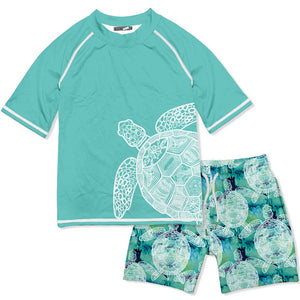 Turquoise Tie-Dye Turtle Short-Sleeve Rashguard Set