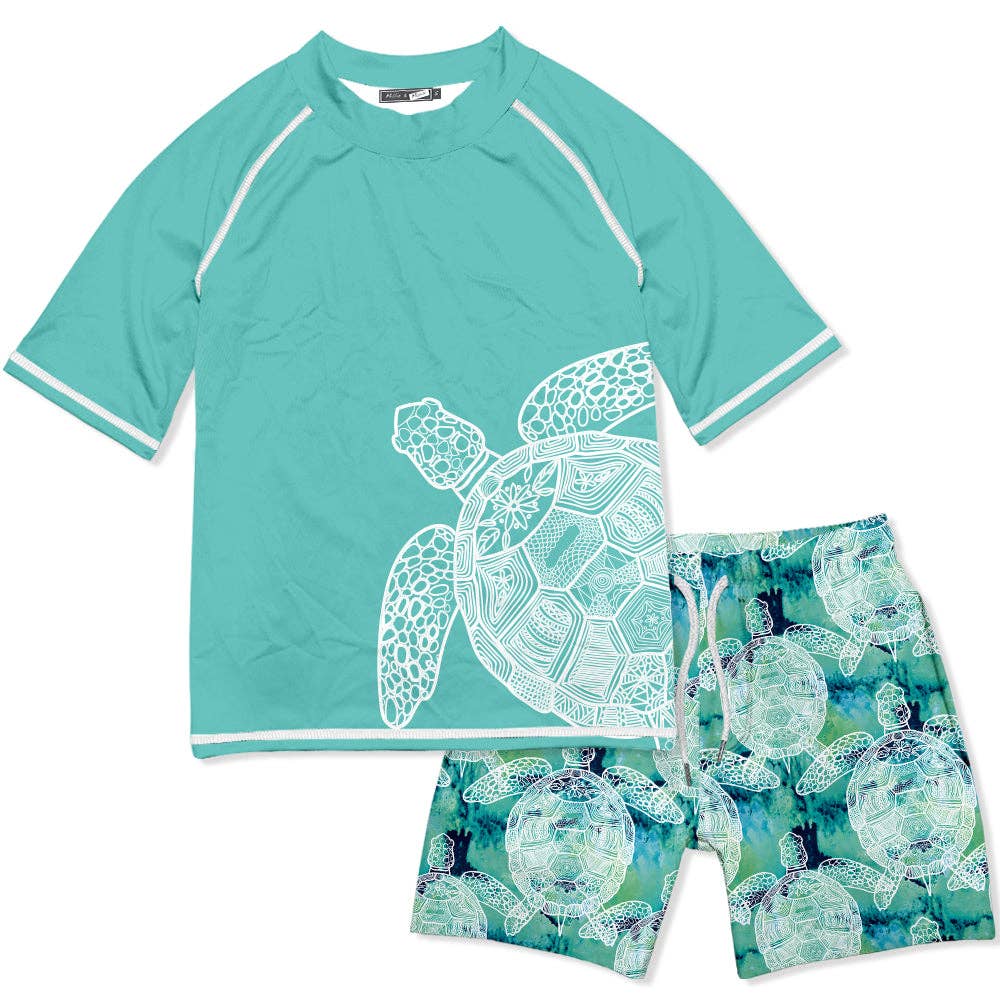 Turquoise Tie-Dye Turtle Short-Sleeve Rashguard Set