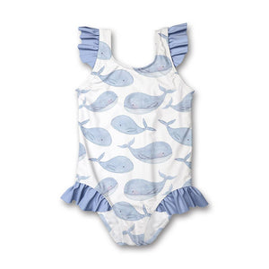 White & Periwinkle Whale Ruffle-Accent Swimsuit