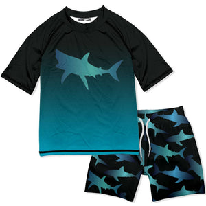 Millie & Maxx | Black & Blue Shark Short-Sleeve Rashguard Se
