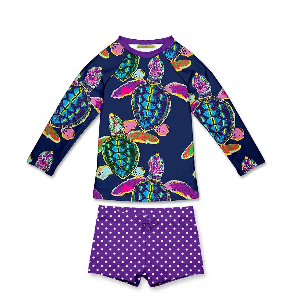 Navy & Purple Turtle Dot Long-Sleeve Rashguard Set