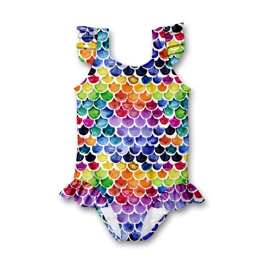 Purple & Red Mermaid Scale Ruffle-Accent One-Piece