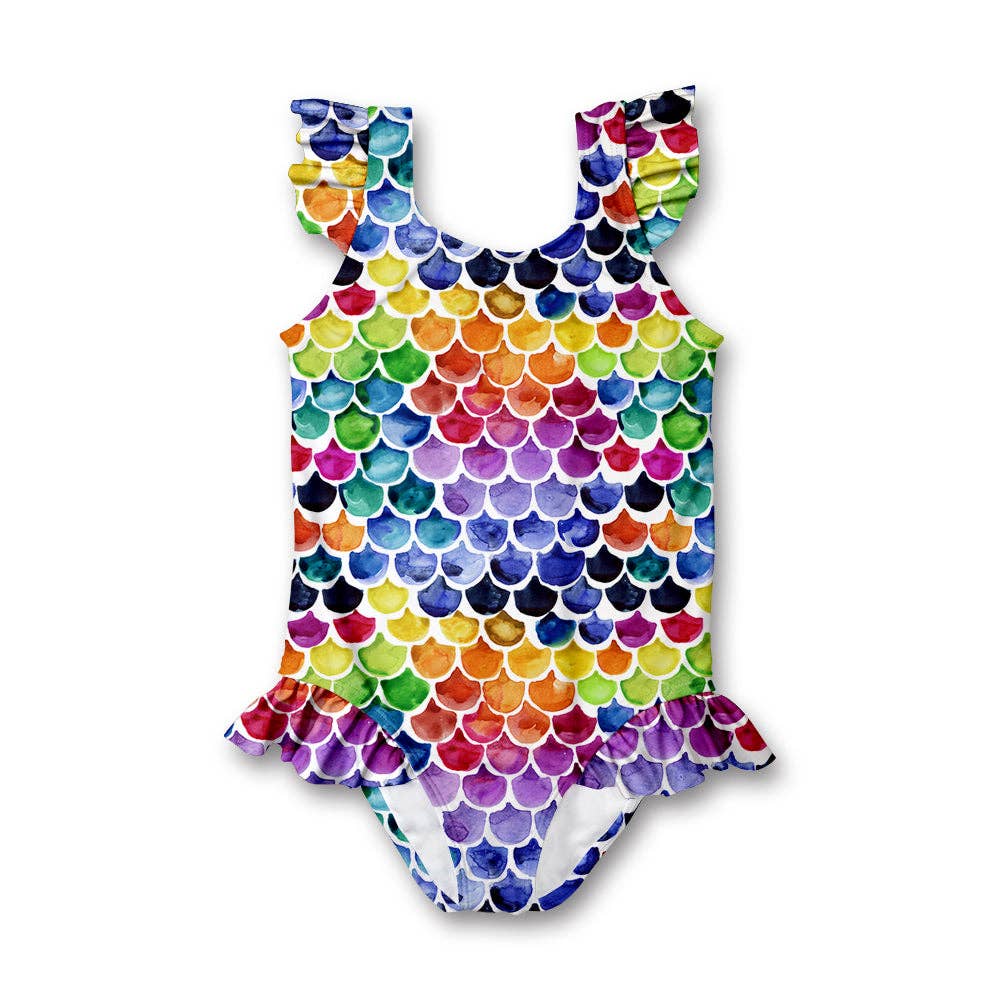 Purple & Red Mermaid Scale Ruffle-Accent One-Piece